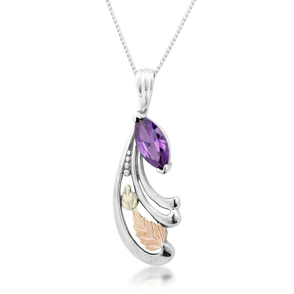 Amethyst with Swirl Vines Pendant Necklace, Sterling Silver, 12k Green and Rose Gold Black Hills Gold Motif, 18"