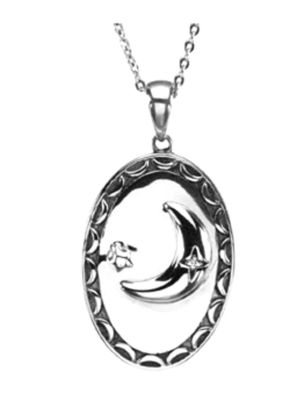 Diamond 'I Love you' Moon and Star Rhodium Plate Sterling Silver Pendant Necklace, 18"