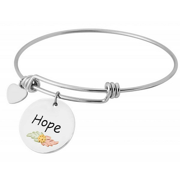 Hope' Charm with Heart Wire Bracelet, Sterling Silver, 12k Green and Rose Gold Black Hills Gold Motif, 8"