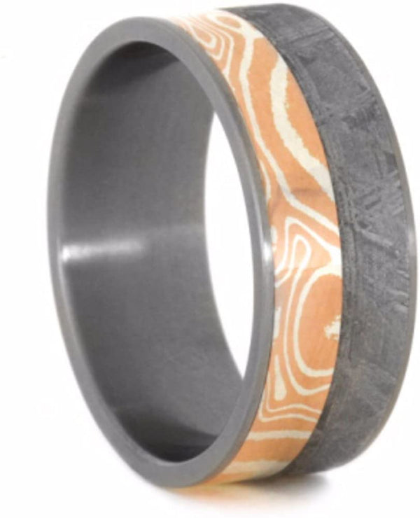 Gibeon Meteorite, Sterling Silver and Copper Mokume 9mm Comfort-Fit Matte Titanium Wedding Band, Size 12.25