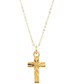 Childrens 14k Yellow Gold Engraved Design Cross Pendant Necklace, 15" Chain