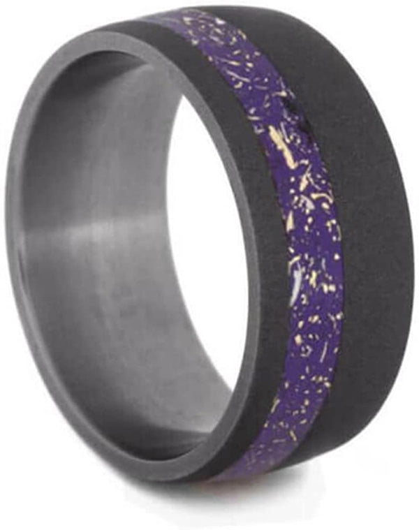 The Men's Jewelry Store (Unisex Jewelry) Purple Stardust Band with Meteorite and Yellow Gold 9mm Sandblasted Titanium Comfort-Fit Wedding Band, Size 14.5