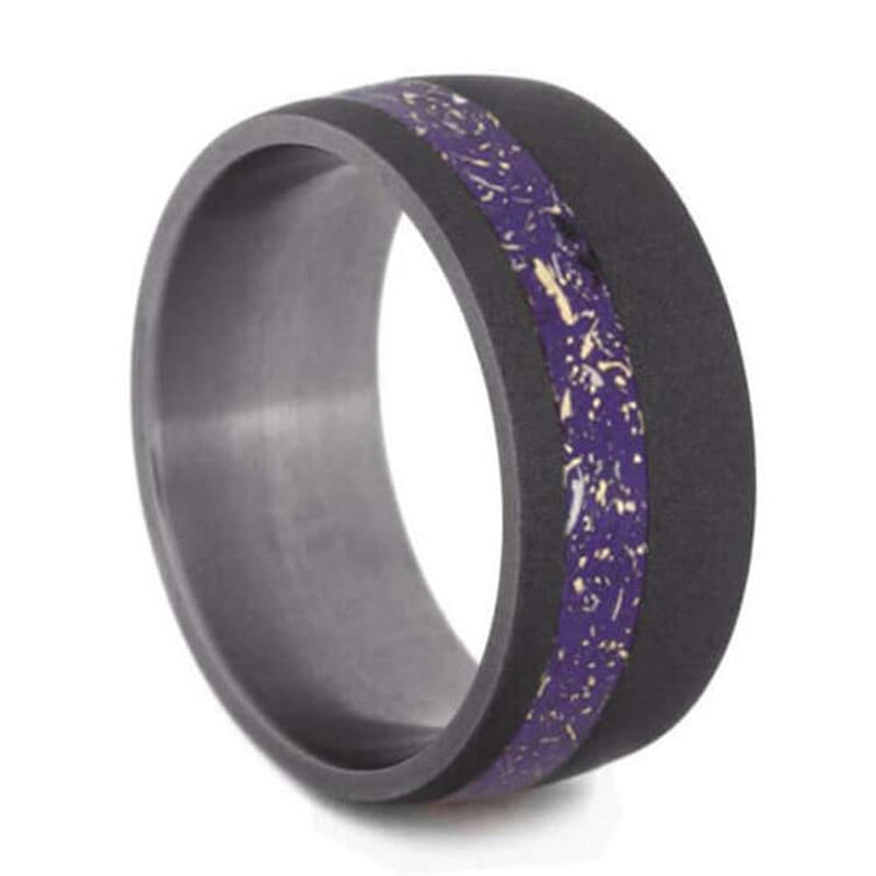 The Men's Jewelry Store (Unisex Jewelry) Purple Stardust Band with Meteorite and Yellow Gold 9mm Sandblasted Titanium Comfort-Fit Wedding Band