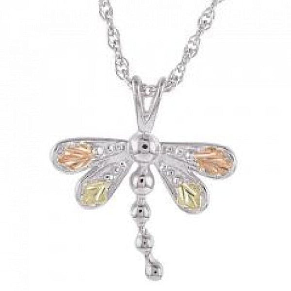 Petite Dragonfly Pendant Necklace, Sterling Silver, 12k Green and Rose Gold Black Hills Gold Motif, 18"