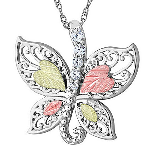 Graduated CZ with Scrollwork Butterfly Pendant Necklace, Sterling Silver, 12k Green and Rose Gold Black Hills Gold Motif, 18"