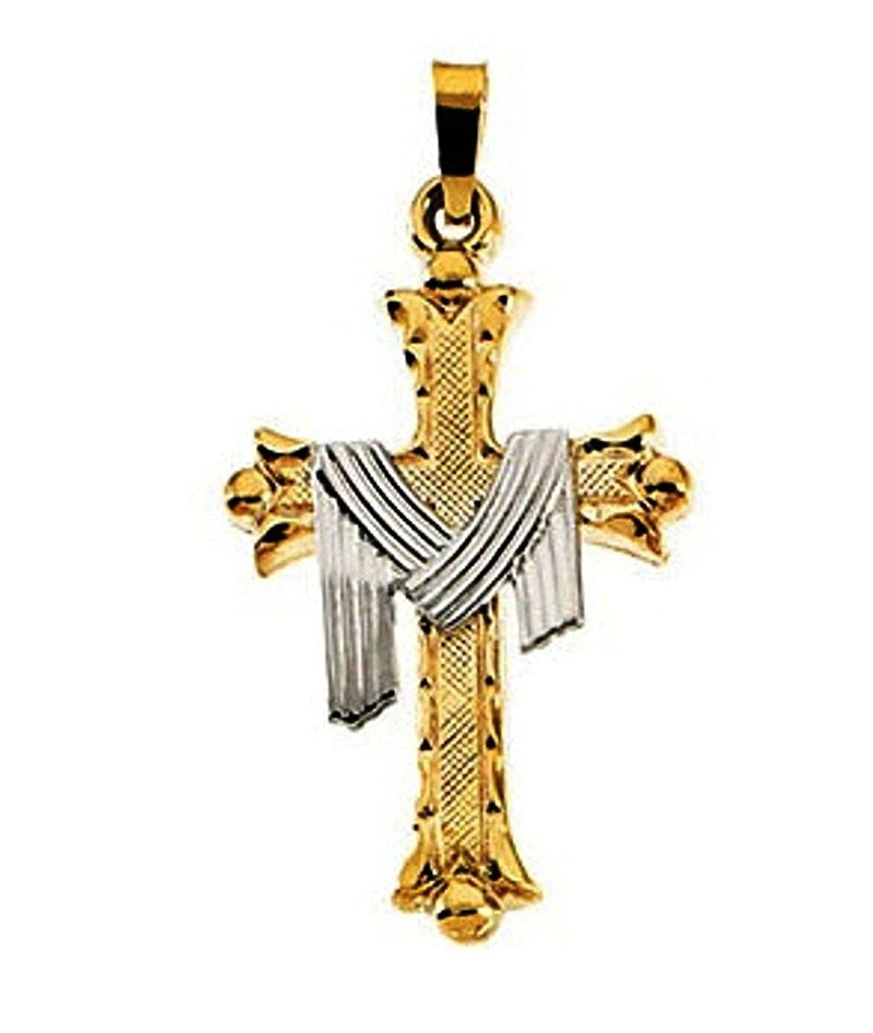 Two-Tone Shrouded Fleury Cross 14k Yellow and White Gold Pendant (25.50X18.00 MM)