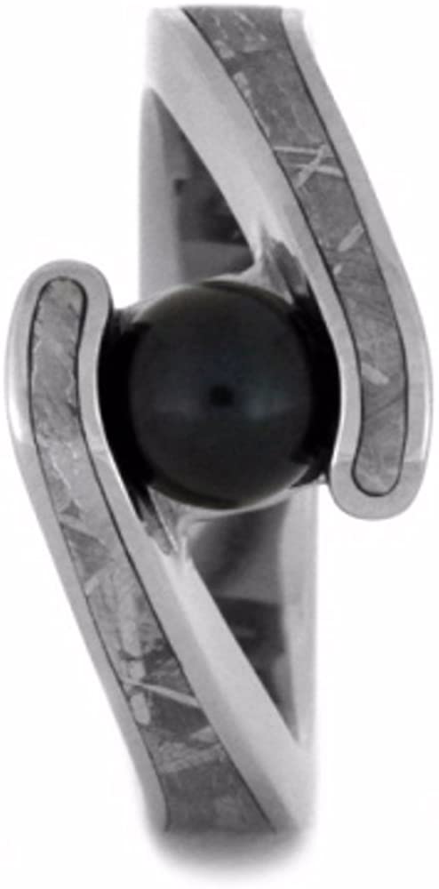 Black Akoya Pearl, Gibeon Meteorite Engagement Ring, Tsavorite Garnet Titanium Band, Bridal Set Size 10
