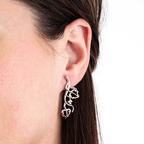 Cut-Out Grape Vine Dangle Earrings, Rhodium Plated Sterling Silver, 10k Green and Rose Gold