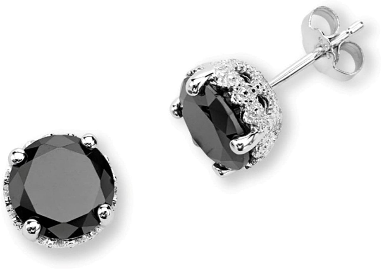 Round Black CZ Retro Setting Rhodium Plated Sterling Silver Earrings, 8MM