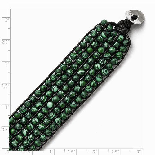 Men's Stainless Steel Black Cord Woven Imitation Malachite Bracelet, 9 "