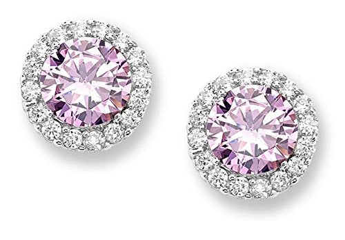 Pink CZ Halo Rhodium Plated Sterling Silver Stud Earrings