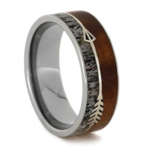 Native American Arrow, Ironwood Burl and Antler 8mm Comfort-Fit Titanium Band