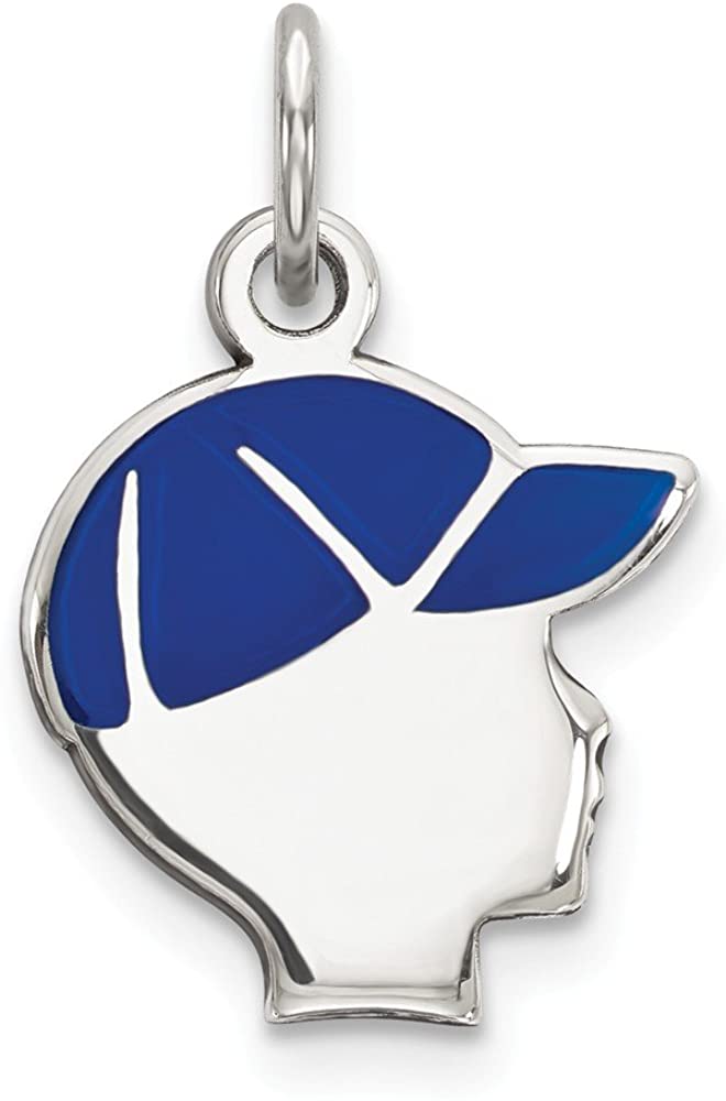 Boy's Rhodium-Plated Sterling Silver Blue Enameled Right Facing Boy Head Disc Charm (20X13MM)