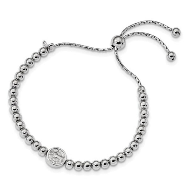 Rhodium-Plated Sterling Silver Saint Medal Beaded Adjustable Bracelet, 9"