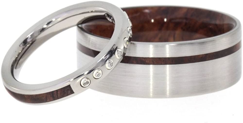 9-Stone Diamond Honduran Rosewood Burl Titanium Band, Honduran Rosewood Burl Wood Band, Couples Wedding Set, M16-F4