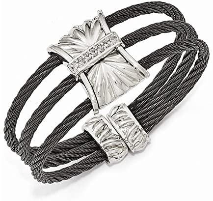 Black Titanium Memory Cable .35 Ctw White Sapphire Argentium Sterling Silver 12mm Flex Cuff Bracelet, 6"