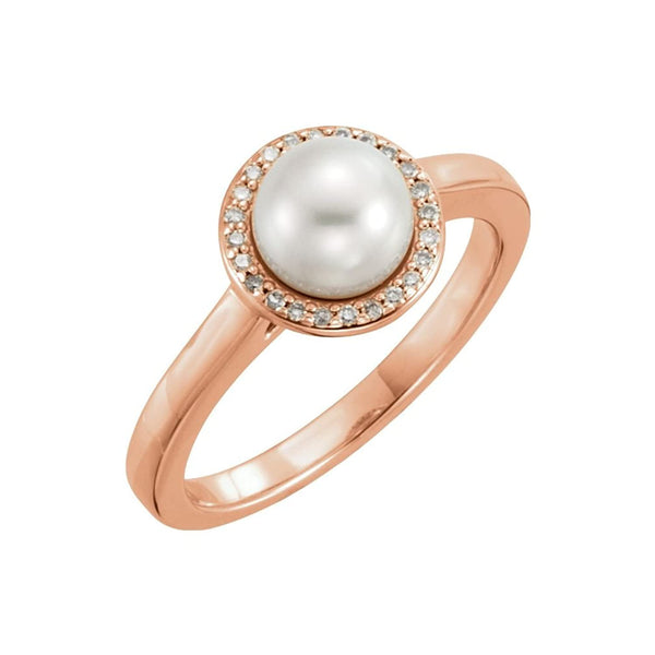White Freshwater Cultured Pearl and Diamond Halo Ring, 14k Rose Gold (6.5-7mm) (.06Ctw, G-H Color, I1 Clarity)
