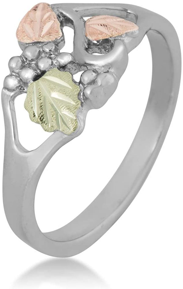 Grape Cluster Leaf Ring, Sterling Silver, 12k Green and Rose Gold Black Hills Gold Motif, Size S6.5