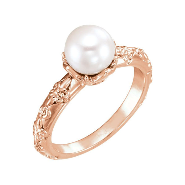 White Freshwater Cultured Pearl, Diamond Vintage Ring, 14k Rose Gold (7-7.5 mm)(.02 Ctw, G-H Color, I1 Clarity)