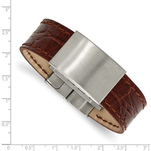 Men's Brushed Stainless Steel Medium Brown Leather ID Bracelet, 8.5"