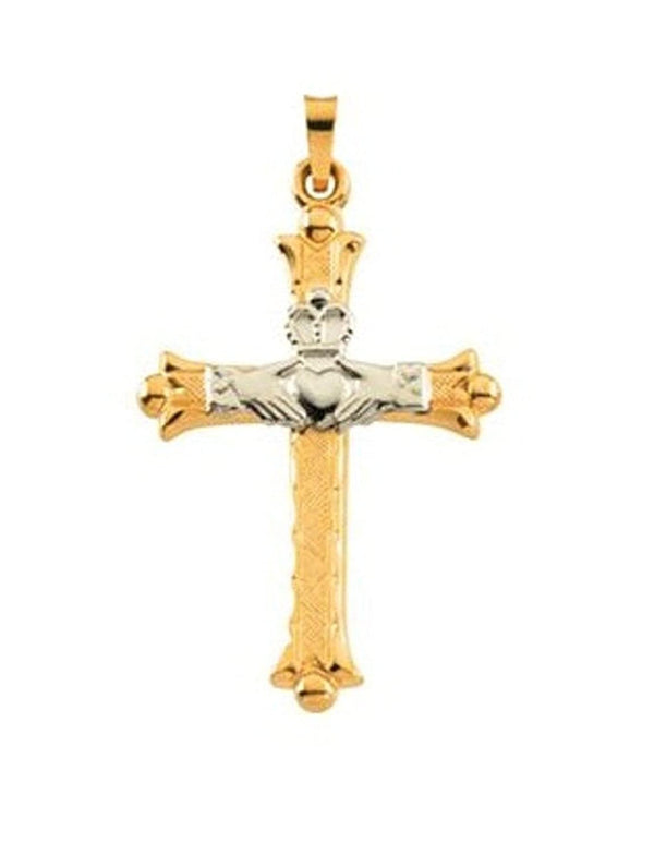 Two-Tone Hollow Claddagh Fleury Cross 14k Yellow and White Pendant (32.5x23.5 MM)