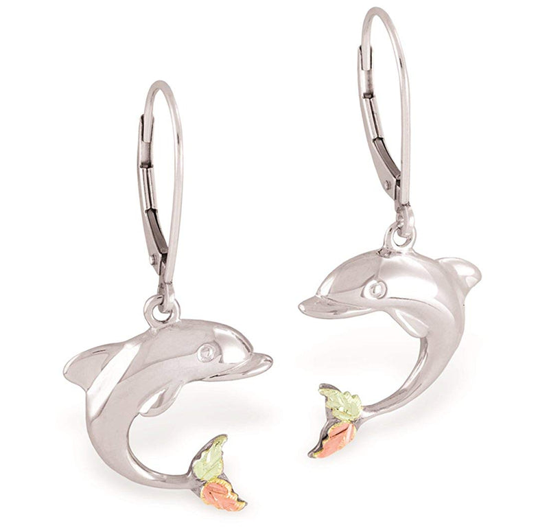 High Polish Dolphin Leverback Earrings, Sterling Silver, 12k Green and Rose Gold Black Hills Gold Motif
