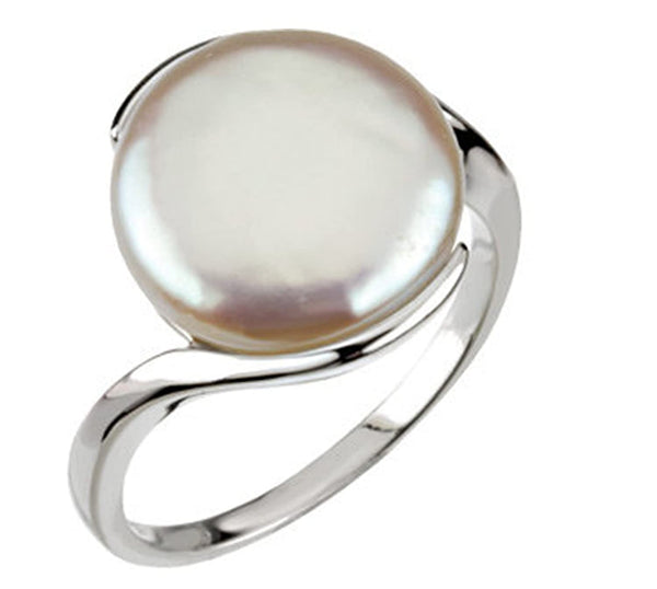 White Freshwater Cultured Coin Pearl Ring, Sterling Silver (13-14mm)