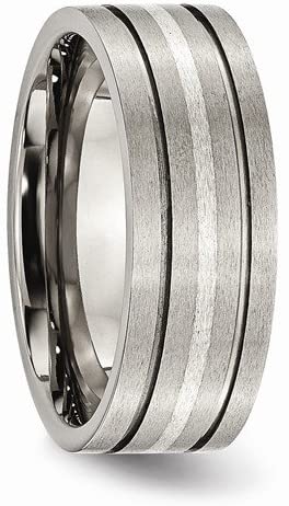 Brushed Titanium, Sterling Silver Inlay 8mm Grooved Flat Comfort-Fit Band, Size 12.5