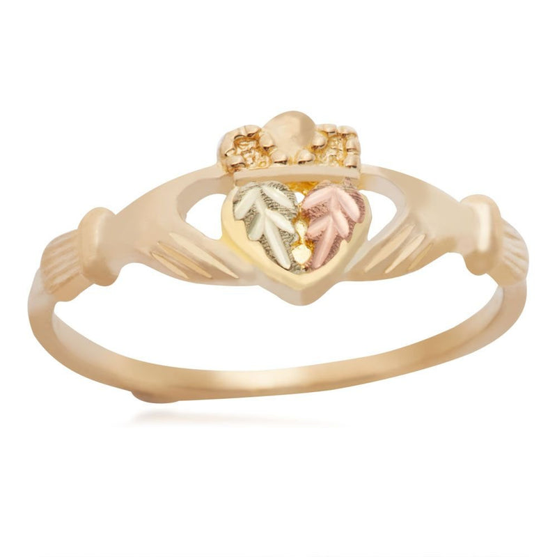 Ave 369 10k Yellow Gold Claddagh Ring, 12k Pink and Green Gold Black Hills Gold Motif