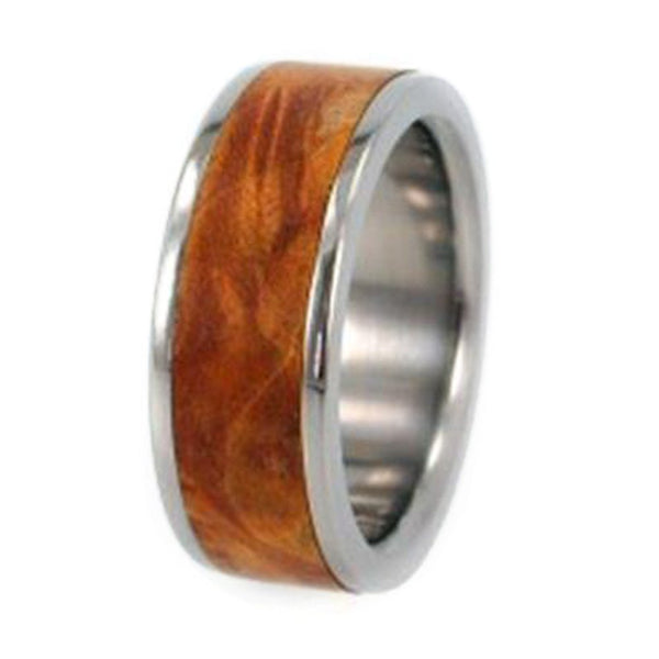 Gold Box Elder Burl Wood Inlay 6mm Comfort Fit Interchangeable Titanium Band, Size 15.5