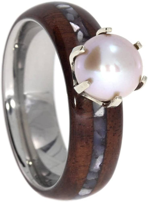 Freshwater Pink Pearl, Bolivian Rosewood, Mother of Pearl 6.5mm Comfort Fit Titanium Engagement Ring, Size 11.75