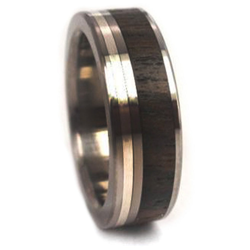 Ziricote Wood, Sterling Silver Inlay 7mm Comfort Fit Titanium Band, Size 10