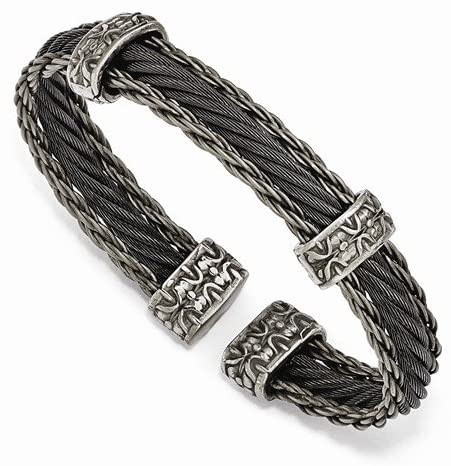 Men's Brushed Matte 6/4 Titanium and Black Titanium Memory Cable Triple Strand Cuff Bracelet, 7"