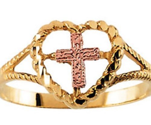 14k Yellow and Rose Gold Heart and Cross Ring, Size 7