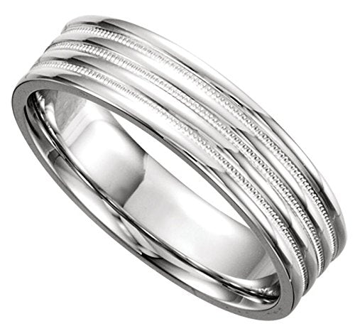 Grooved Double Milgrain Design 6mm Comfort Fit 14k White Gold Band, Size 8