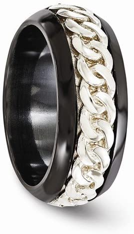 Soul Collection Black Ti and Argentium Sterling Silver Inlay 9mm Beveled Band,Size 12