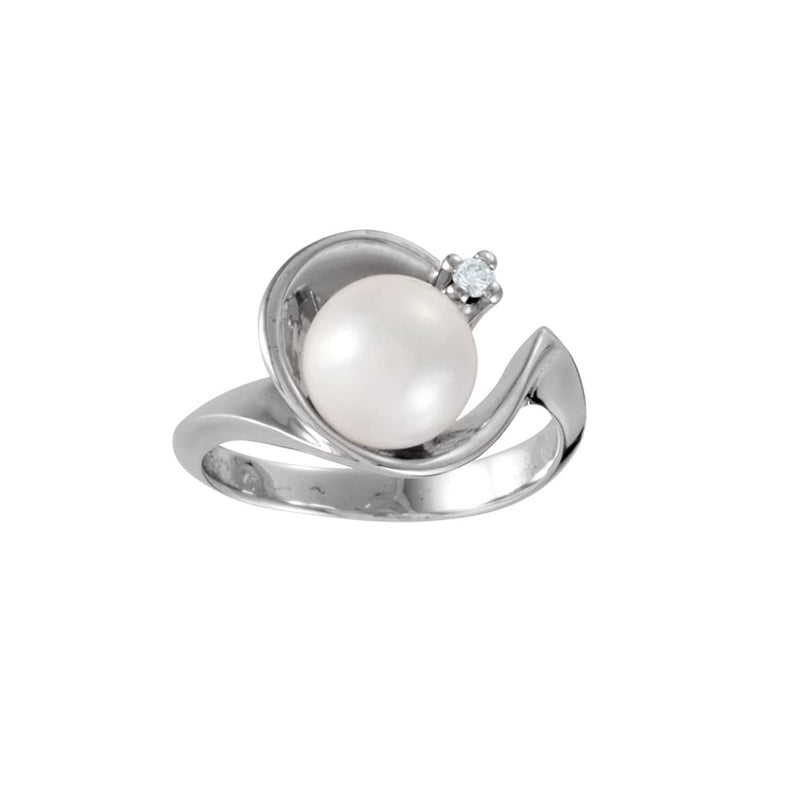 White Akoya Cultured Pearl and Diamond Ring, Rhodium-Plated 14k White Gold (8mm) (.03Ct, G-H Color, I1 Clarity)