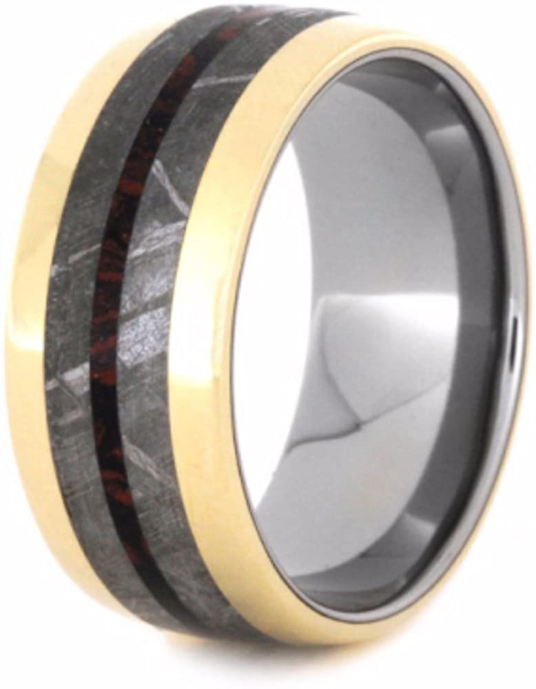 Gibeon Meteorite, Red and Black Composite Mokume, 14k Yellow Gold 9mm Comfort-Fit Titanium Wedding Band, Size 14