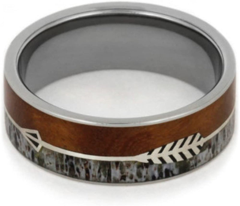 Native American Arrow, Ironwood Burl and Antler 8mm Comfort-Fit Titanium Band, Size 13.5