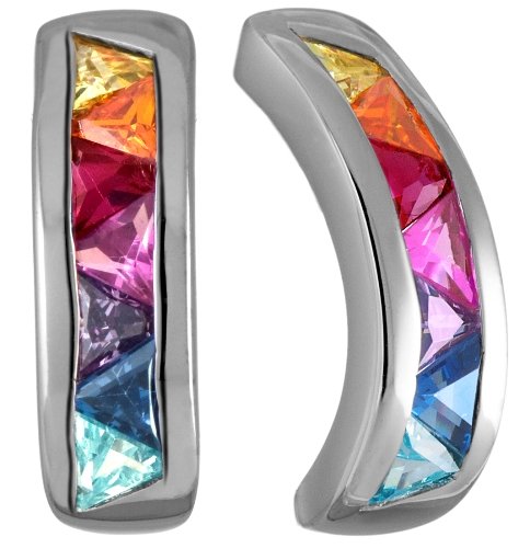Rainbow CZ Rhodium-Plated Sterling Silver J Hoop Earrings