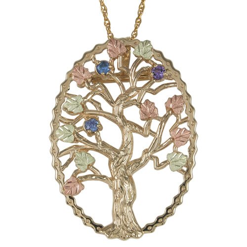 Sapphire, Amethyst and Aquamarine Tree Pendant Necklace, 10k Yellow Gold, 12k Green and Rose Gold Black Hills Gold Motif, 18"
