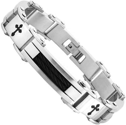 Men's Black Ion Plated Cross with Wire Bracelet, Stainless Steel, 8.5"