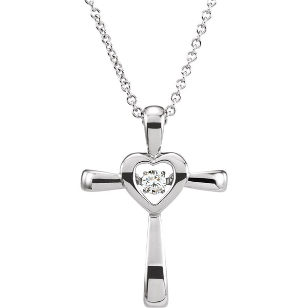 Mystara Diamond Heart Cross Rhodium Plate 14k White Gold Pendant Necklace, 18" (.08 Cttw)