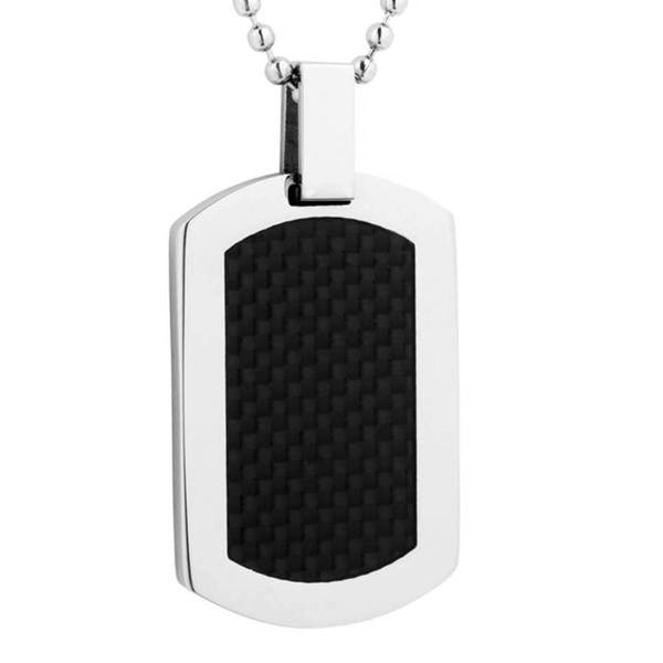 Men's High Polish Finish Carbon Fiber Dog Tag Pendant Necklace, Stainless Steel, 24"