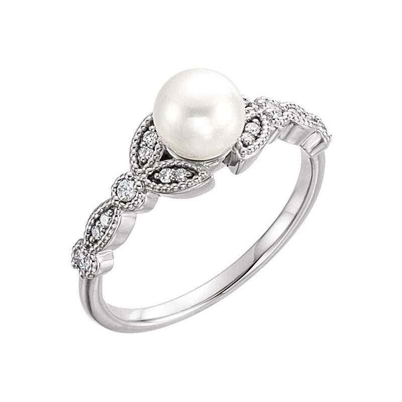White Freshwater Cultured Pearl, Diamond Leaf Ring, Rhodium-Plated 14k White Gold (6-6.5mm)( .125 Ctw, Color G-H, Clarity I1) Size 6.25