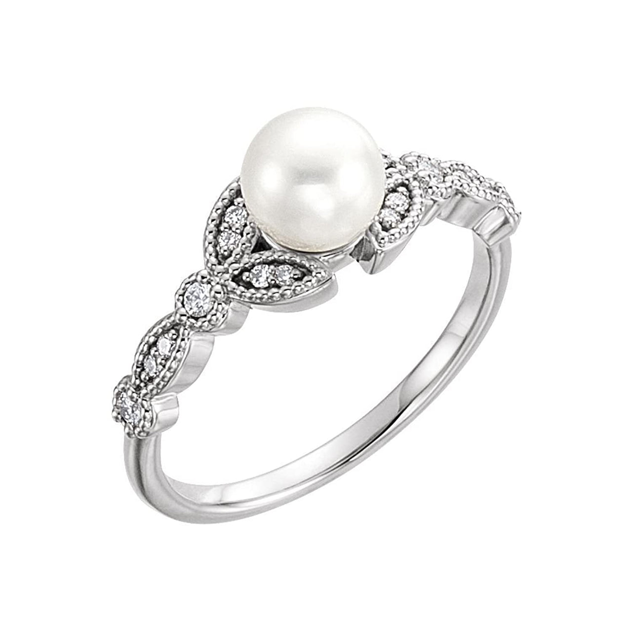 Platinum White Freshwater Cultured Pearl, Diamond Leaf Ring (6-6.5mm)( .125 Ctw, Color G-H, Clarity SI2-SI3)