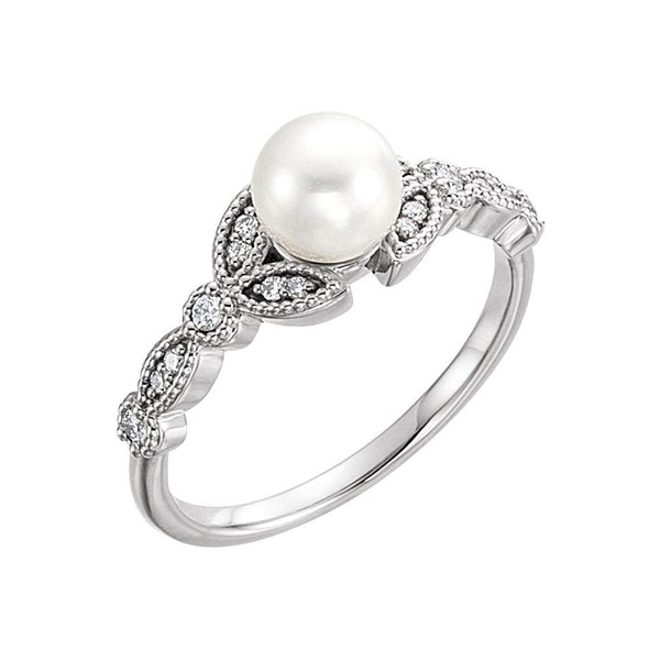 Platinum White Freshwater Cultured Pearl, Diamond Leaf Ring (6-6.5mm)( .125 Ctw, Color G-H, Clarity SI2-SI3) Size 6