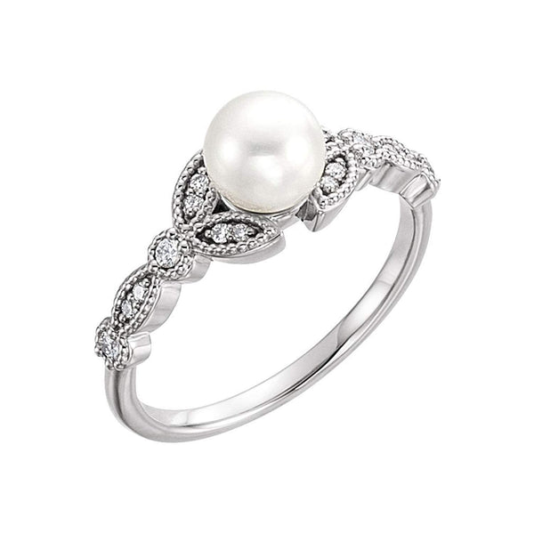Platinum White Freshwater Cultured Pearl, Diamond Leaf Ring (6-6.5mm)( .125 Ctw, Color G-H, Clarity SI2-SI3) Size 8