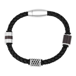 Men's Bead and Ion Plating Black Leather Bracelet, Stainless Steel, 8.5"