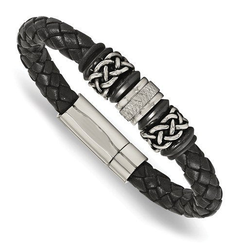Men's Antiqued and Polished Stainless Steel Braided Leather Bracelet, 8.25"